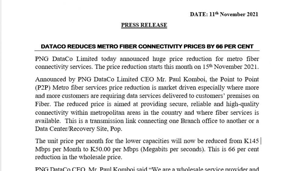 PNGDATACO REDUCES METRO FIBER CONNECTIVITY PRICES BY 66%